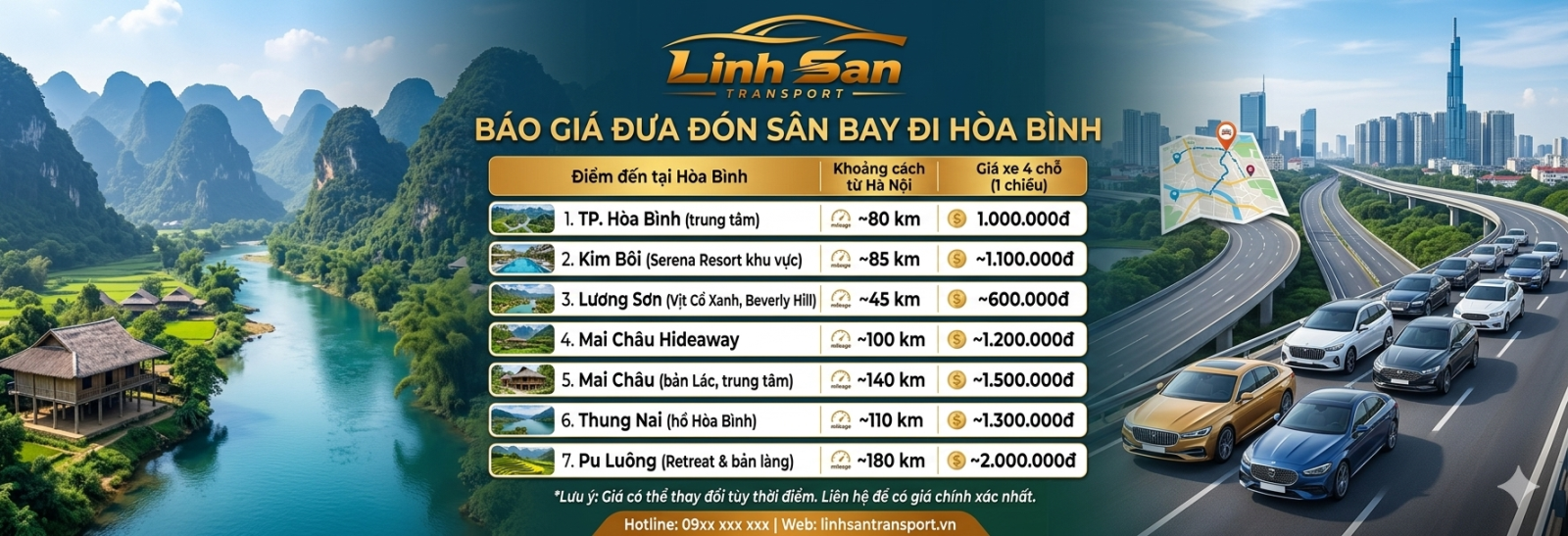Bảng giá thuê xe 4 chỗ Hà Nội đi Hòa Bình 2026