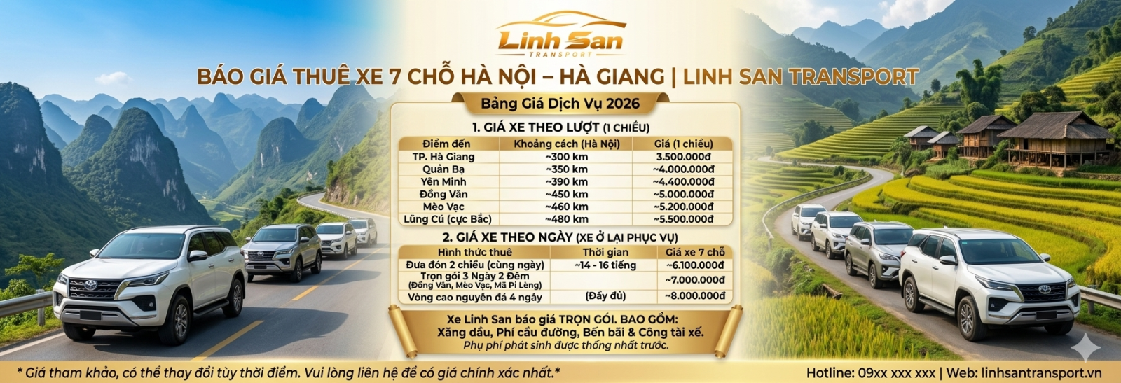 Bảng giá thuê xe 7 chỗ Hà Nội đi Hà Giang 2026